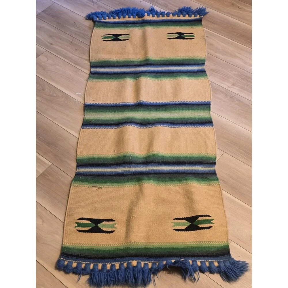 Vintage Southwest Hand Woven Wool Runner Rug Tapestry Beige Green Blue 68x26